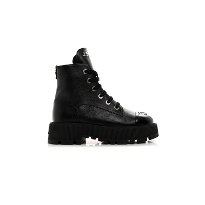 CHANEL GRAINED CALFSKIN SHINY CALFSKIN CC LACE UP COMBAT BOOTS 1437689
